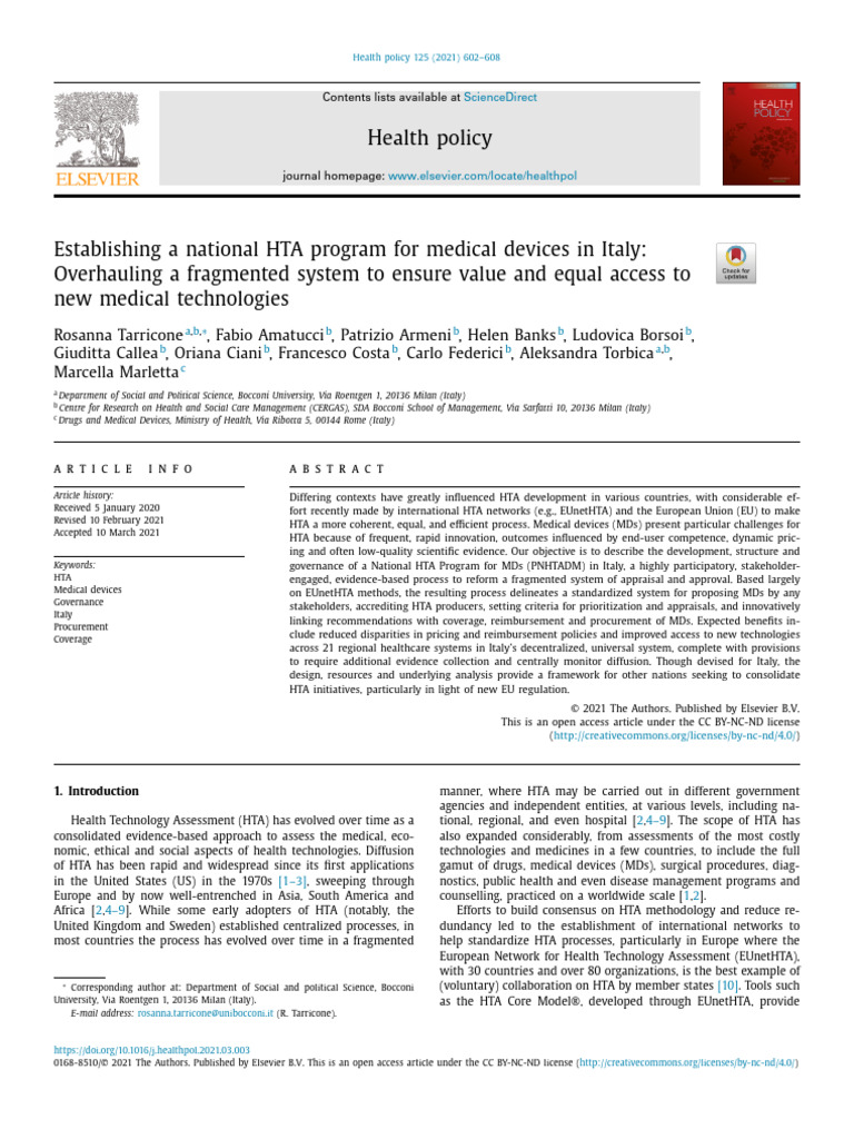 National HTA Program for Medical Devices in Italy | PDF | Health Care