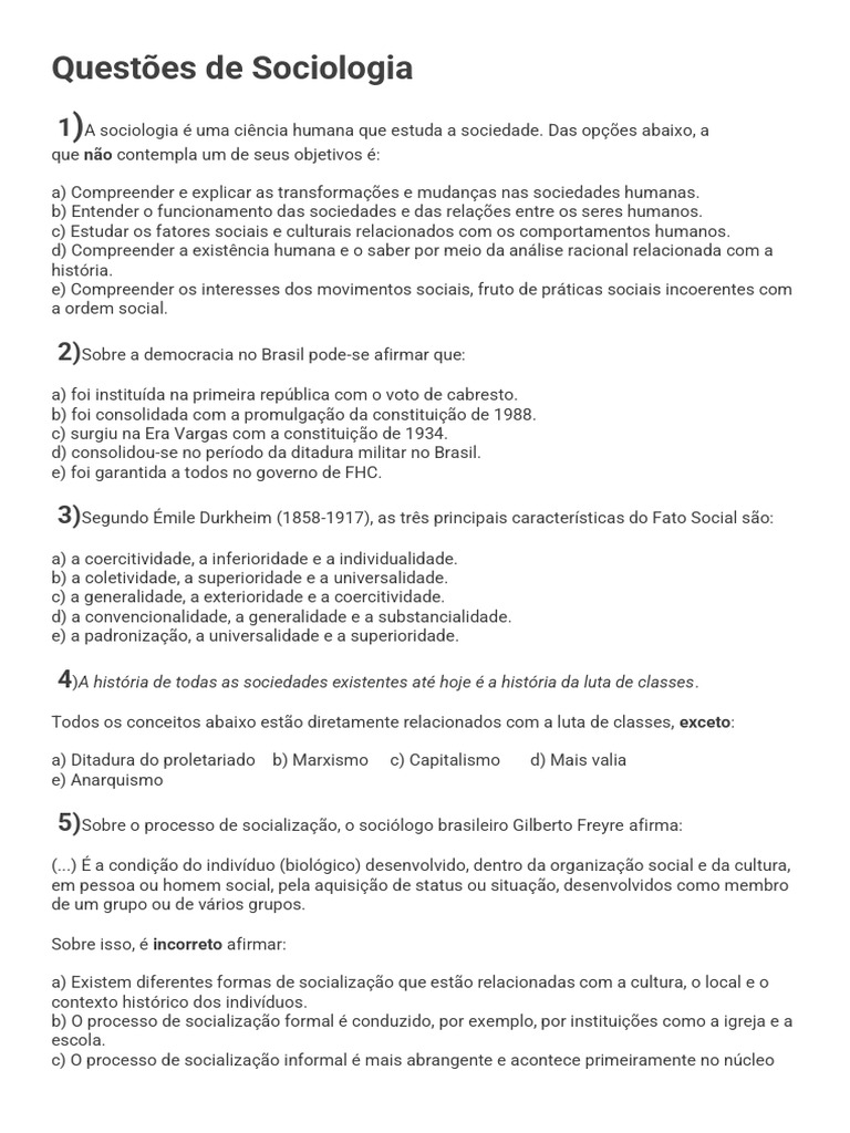 Questões de Sociologia | PDF | Sociologia | Desigualdade social
