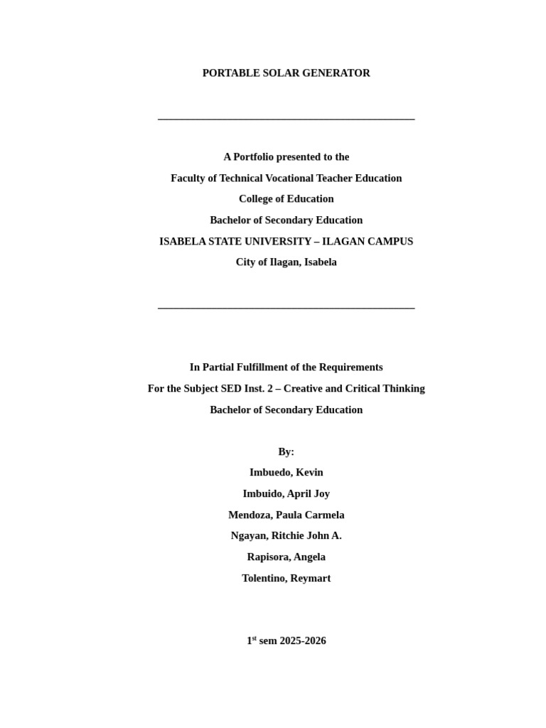 Portable Solar Generator Project Overview | PDF | Cognitive Science ...