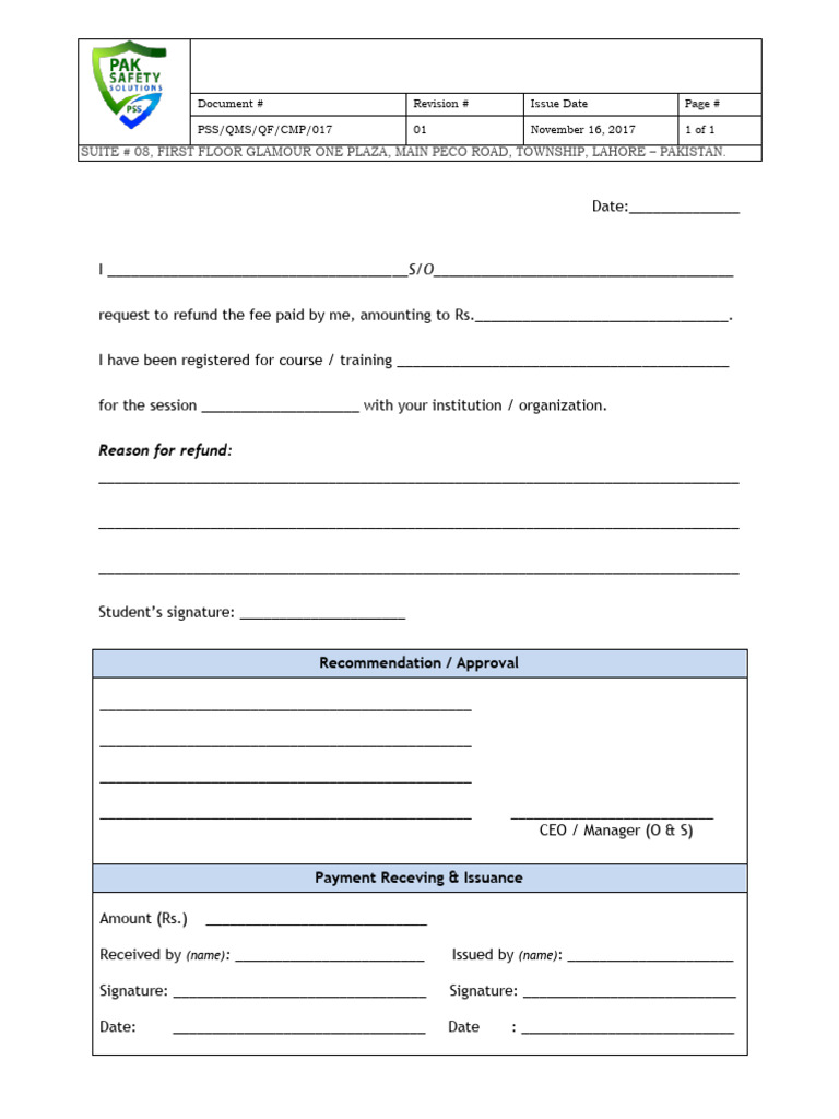 Fee Refund Application Form | PDF