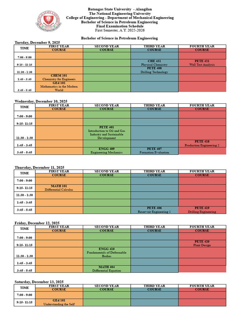 Petroleum Engineering Exam Schedule 2025 | PDF | Engineering | Applied ...