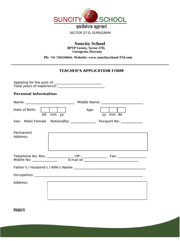 Teachers Application Form | PDF