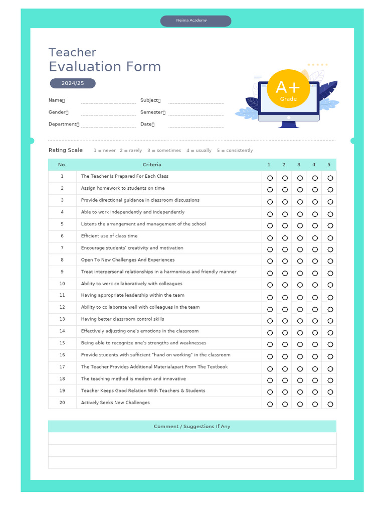 Teacher Evaluation Form Template | PDF | Teachers | Social Psychology