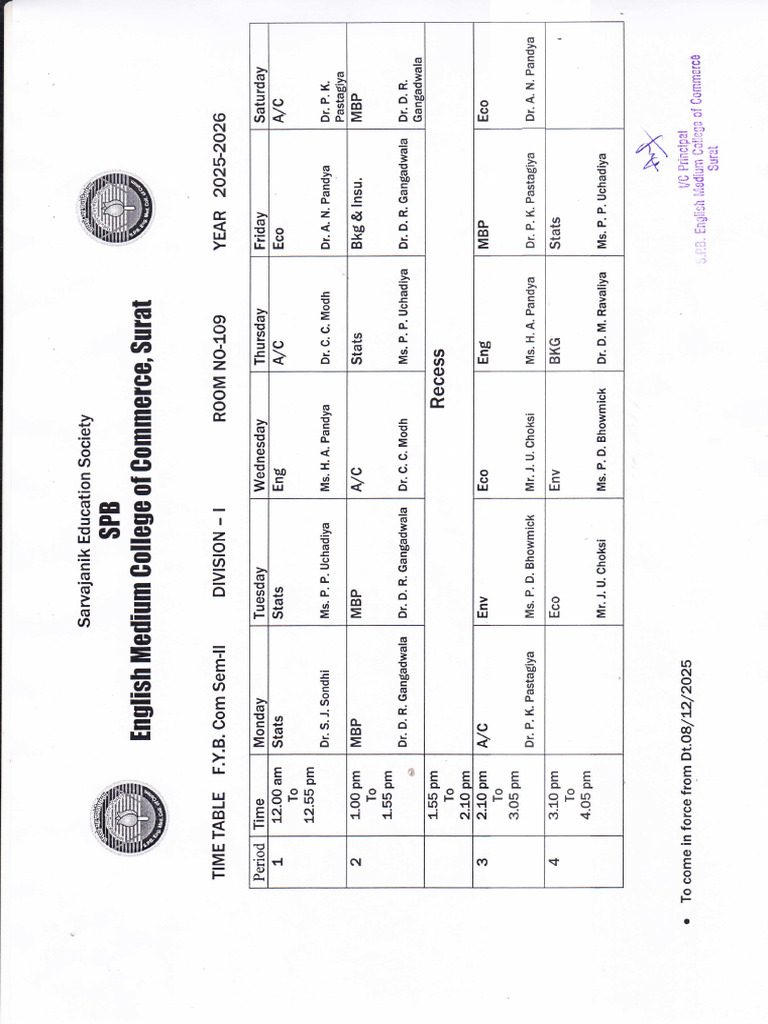 F. Y. Time Table | PDF