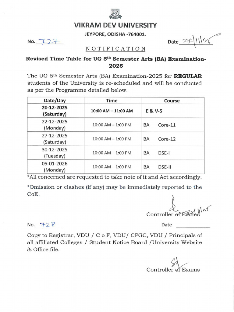 Revised Time Table For UG 5th and PG 3rd Sem Exam 2025 | PDF