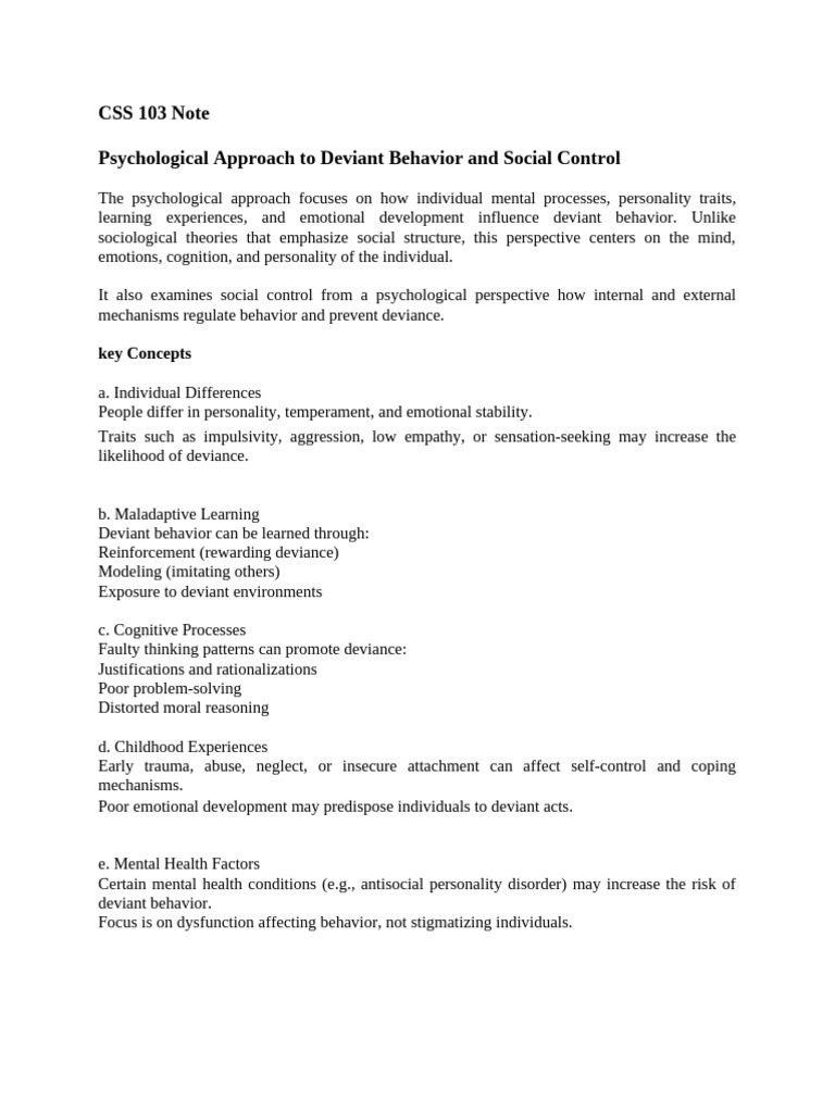 CSS 103 Note Psychological Approach To Deviant Behavior and Social ...