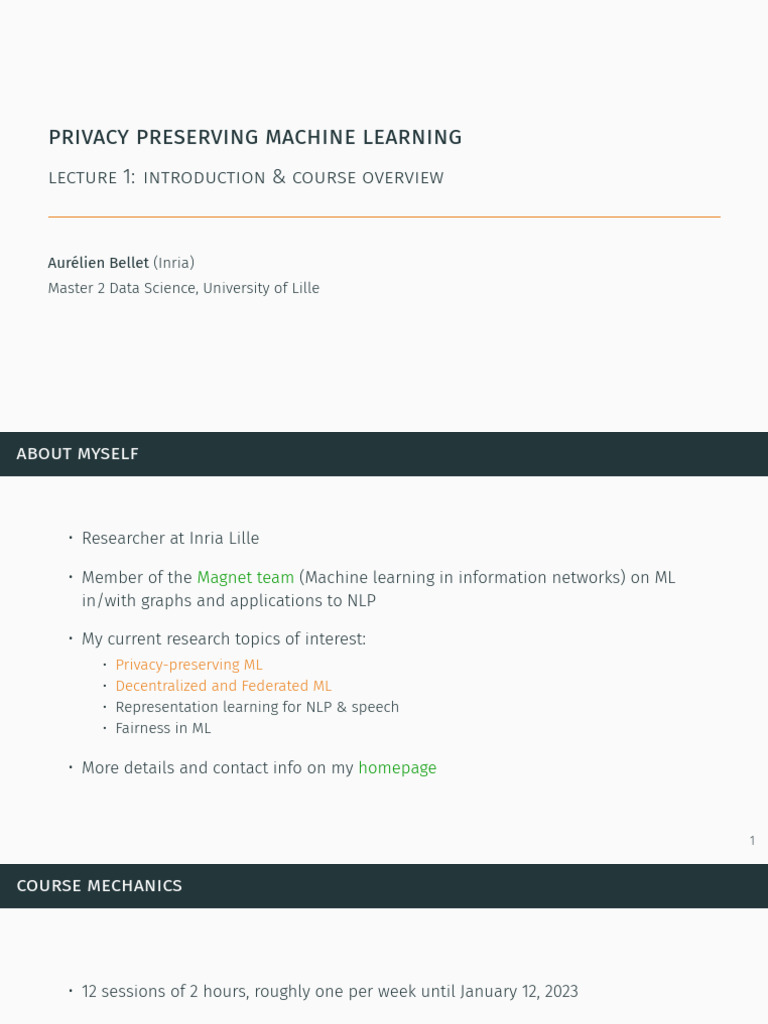 Privacy-Preserving Machine Learning Course | PDF