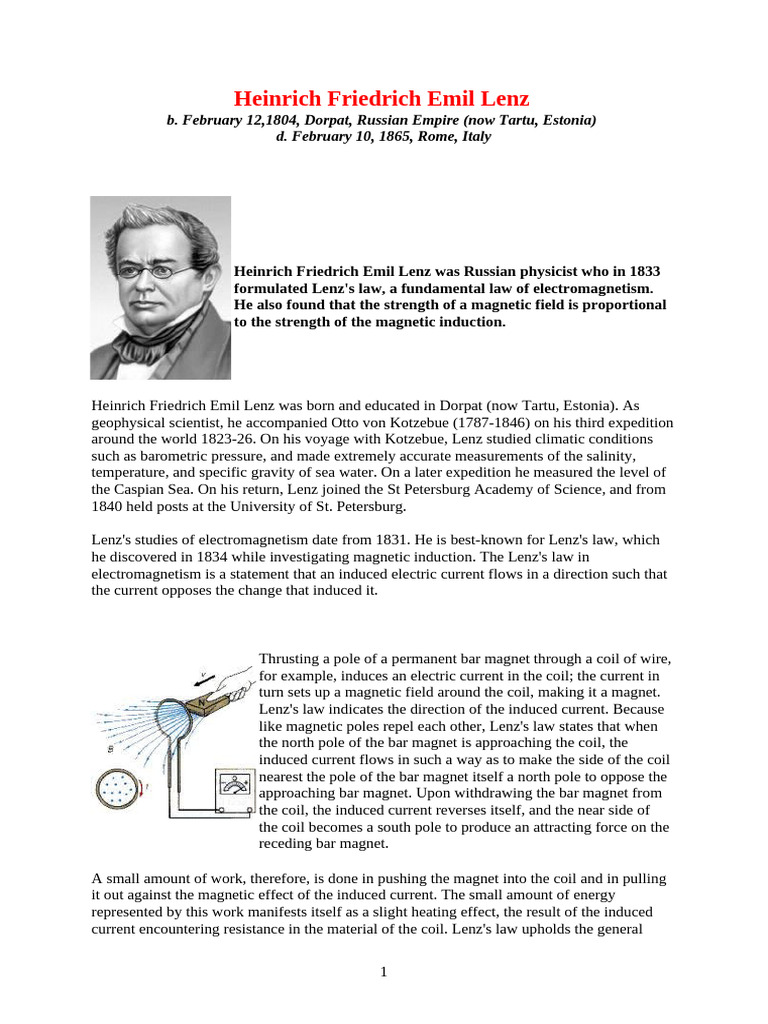 Heinrich Lenz: Electromagnetism Pioneer | PDF | Electromagnetic ...