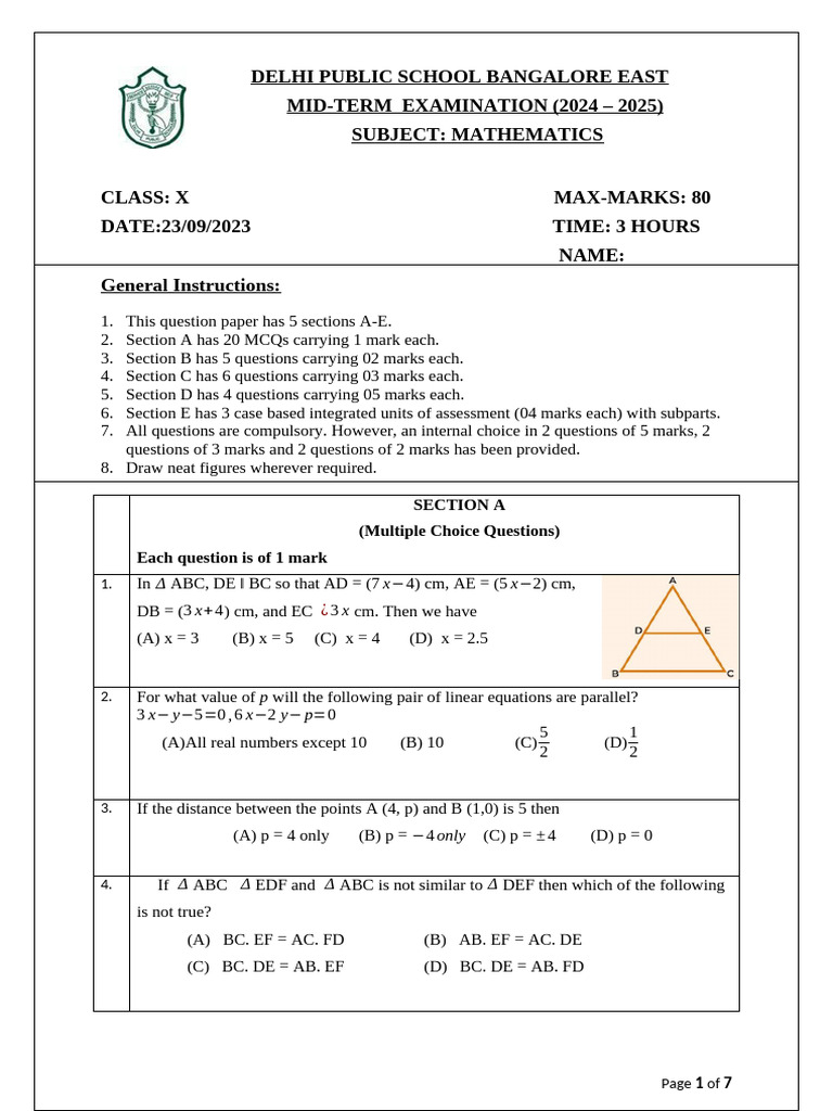 Class X Mathematics Mid-Term Exam 2024-25 | PDF | Triangle | Area