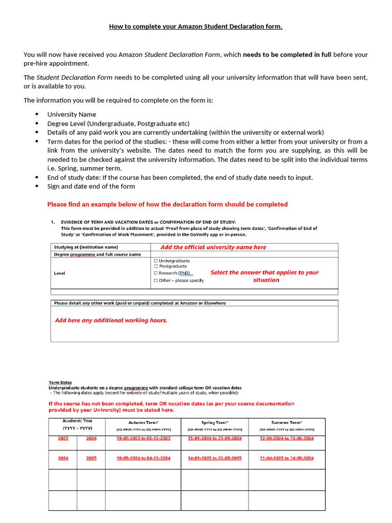 Amazon Student Declaration Form Instructions 2023 | PDF
