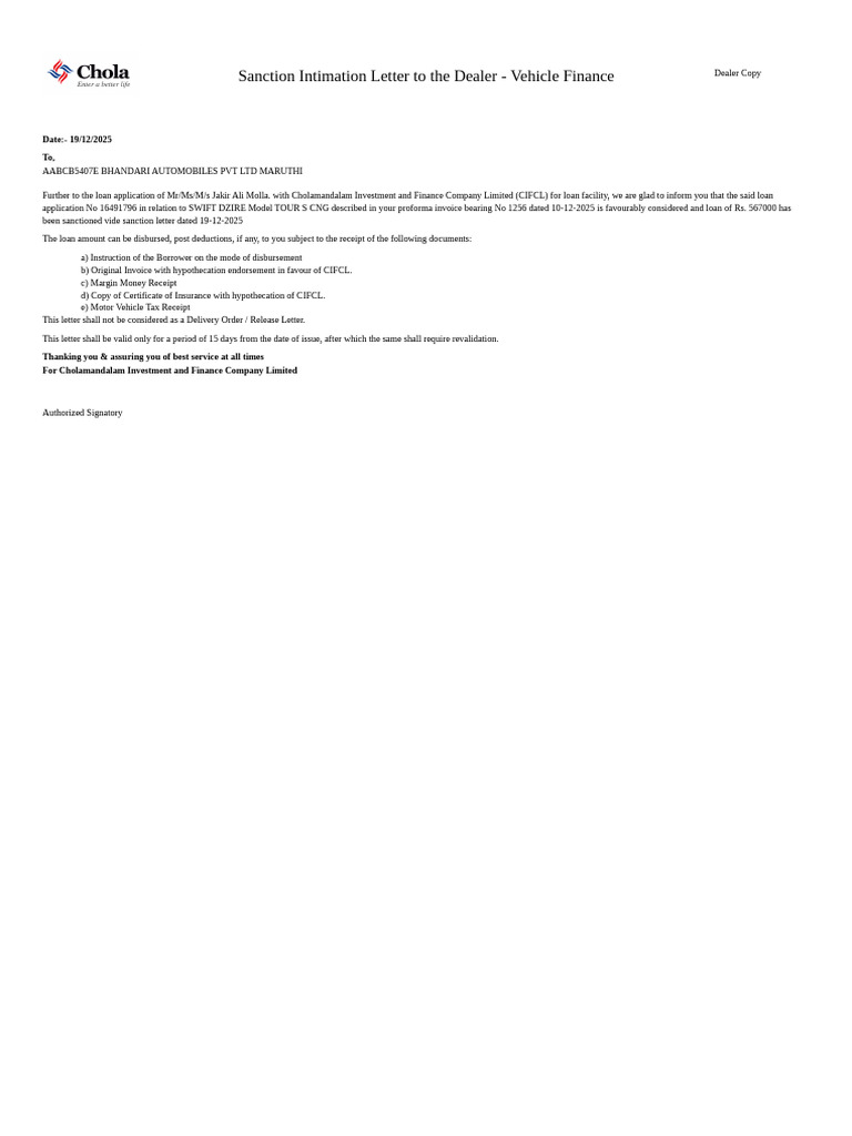 Sanction Intimation Letter To The Dealer - Vehicle Finance | PDF
