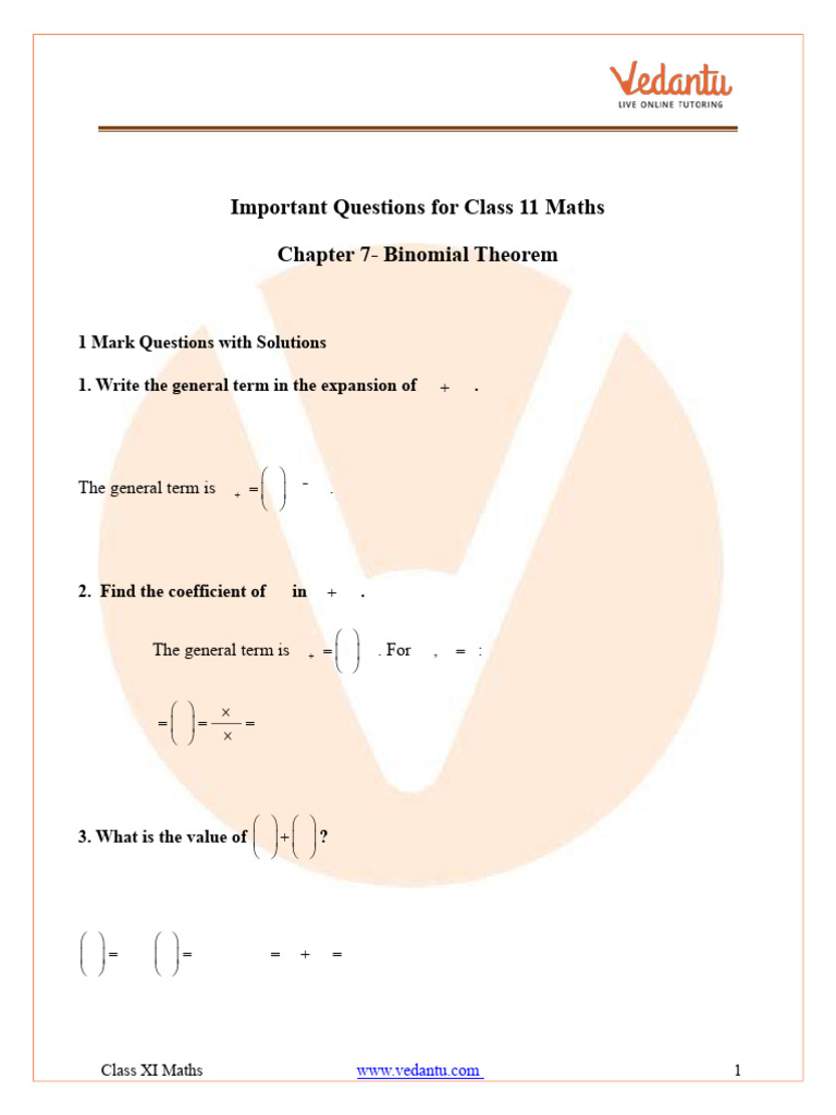 Binomial Theorem Important Questions for Class 11 Maths | PDF