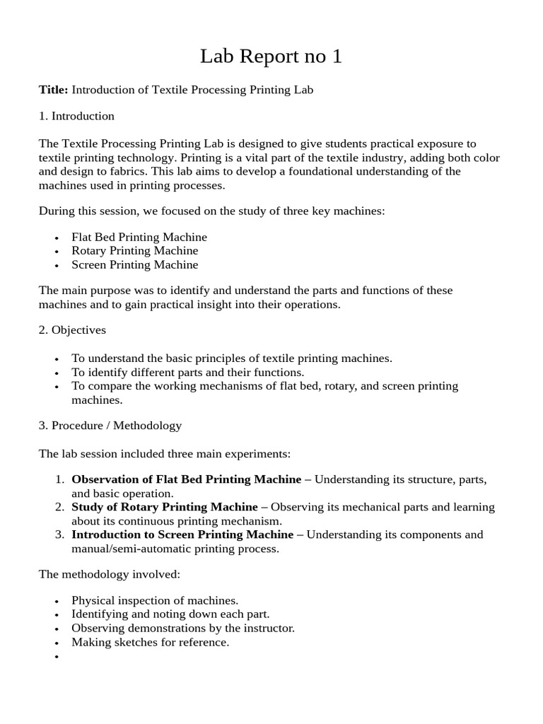 Introduction of Textile Processing Printing Lab | PDF | Textiles | Machines
