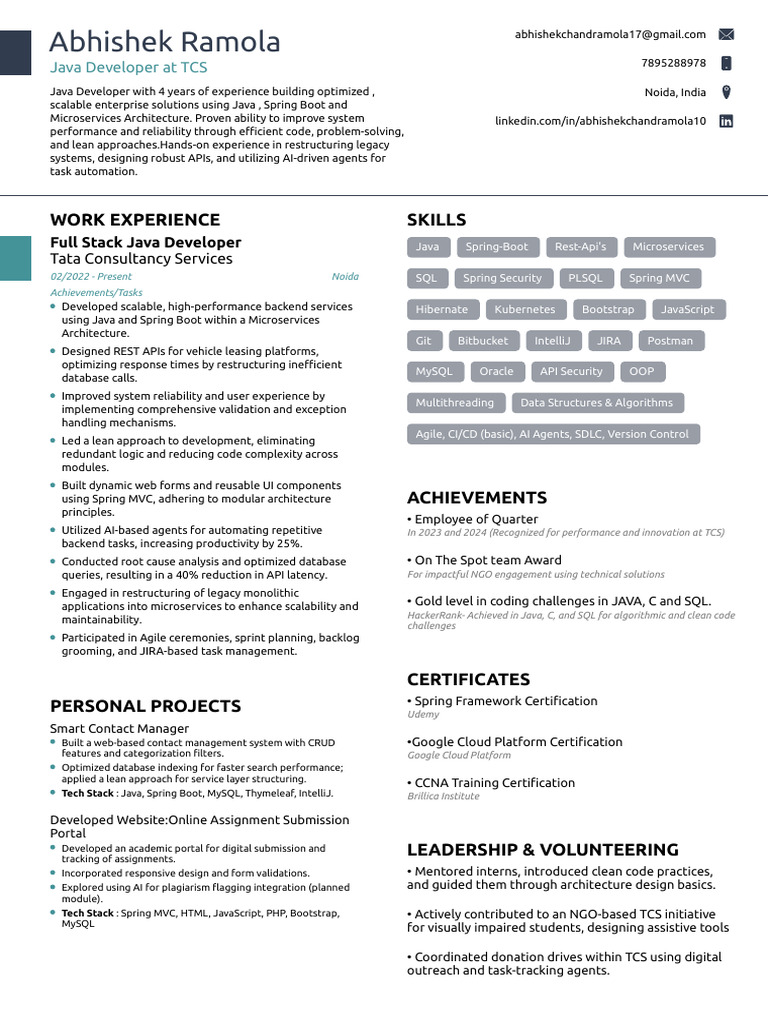 Abhishek Chand Ramola 4 Years Java Developer TCS | PDF | Java ...