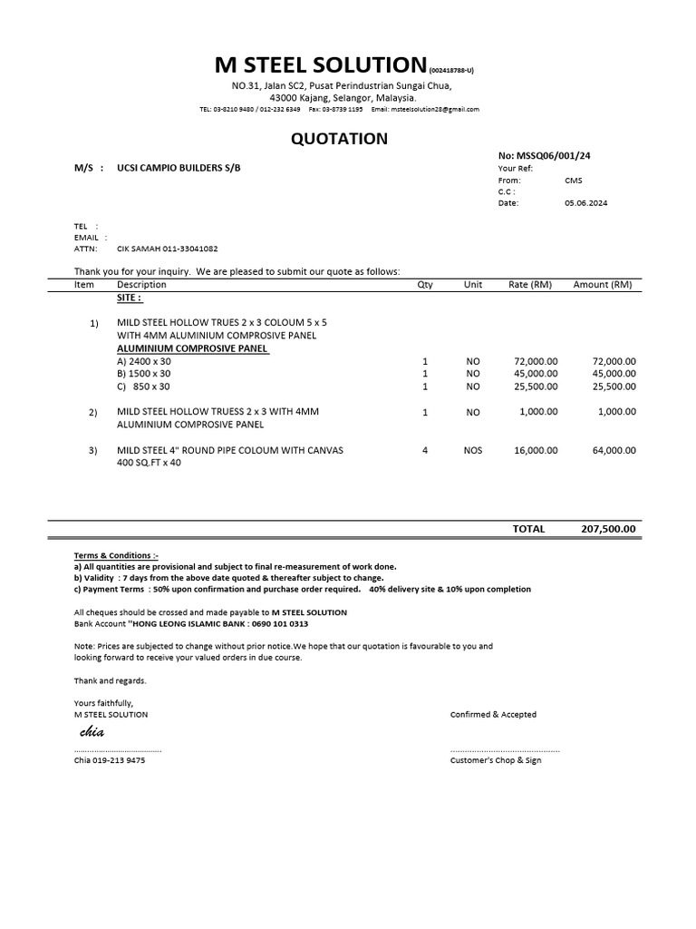 Quotation for Mild Steel Products | PDF