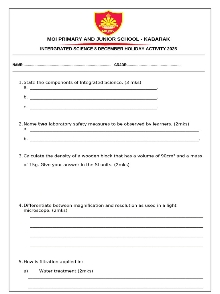 Integrated Science Holiday Activity 2025 | PDF | Chemical Substances ...