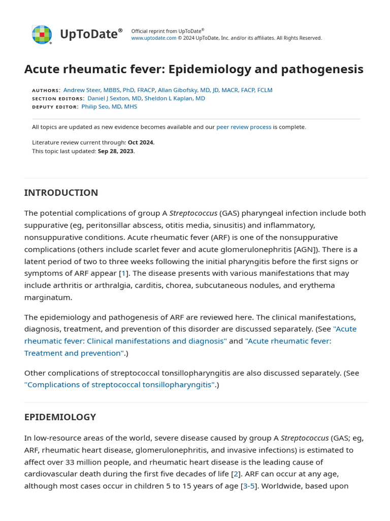 Acute Rheumatic Fever: Epidemiology & Pathogenesis | PDF