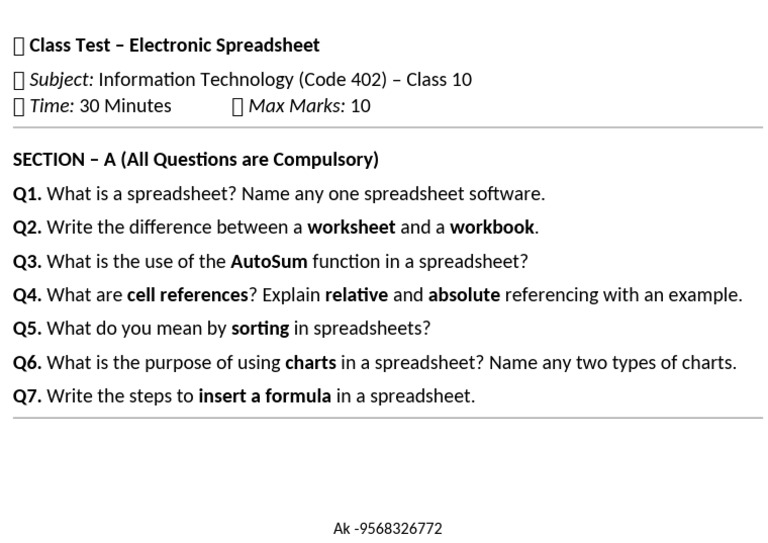 Class 10 Electronic Spreadsheet Test | PDF