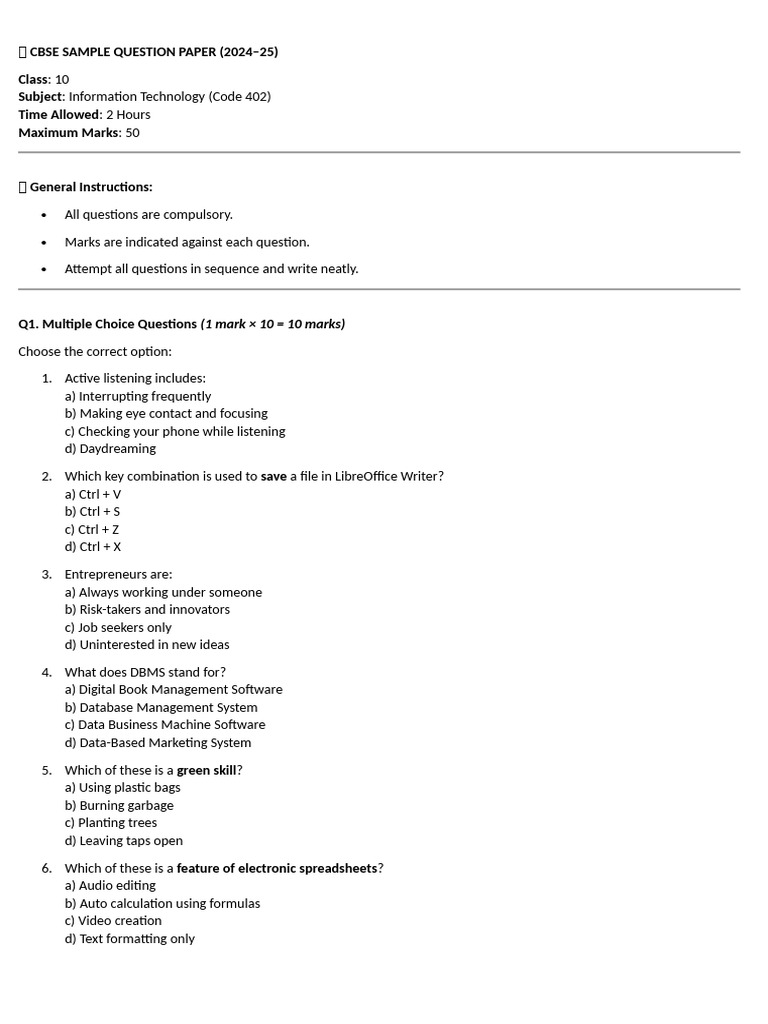 CBSE Class 10 IT Sample Paper 2024-25 | PDF | Spreadsheet | Databases