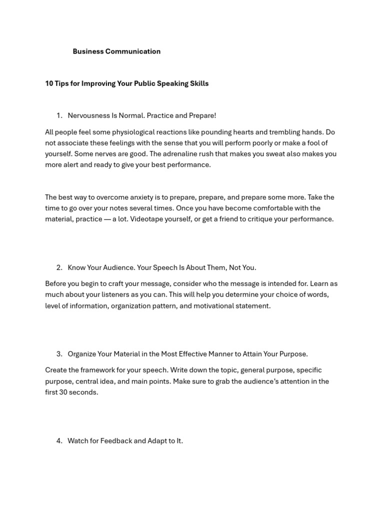 Improve Public Speaking Skills Tips | PDF | Communication | English ...