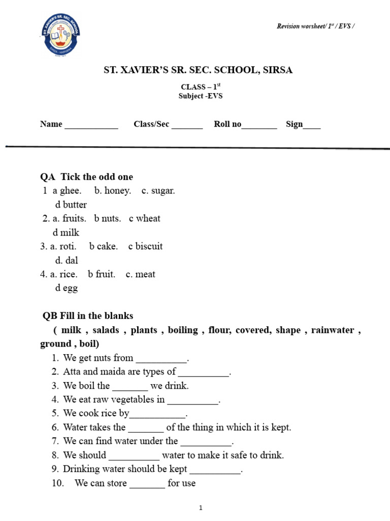 EVS Revision Worksheet for Class 1 | PDF