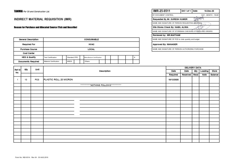 Indirect Material Requisition IMR-25-0511 | PDF