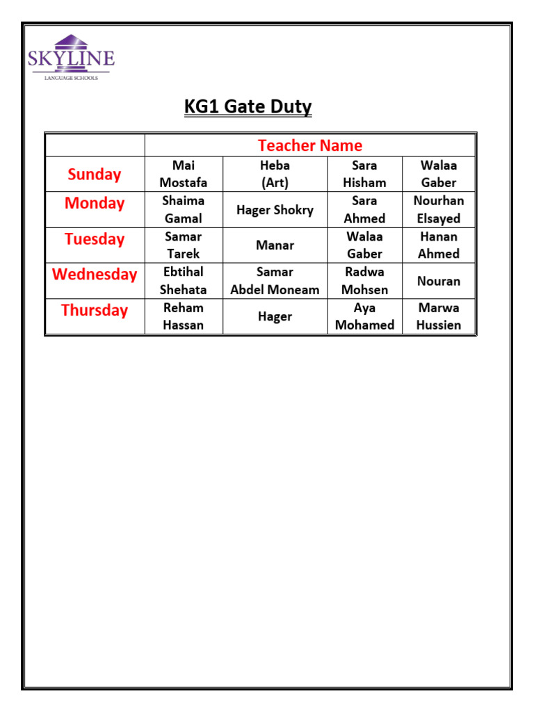 KG1 Gate Duty Schedule | PDF