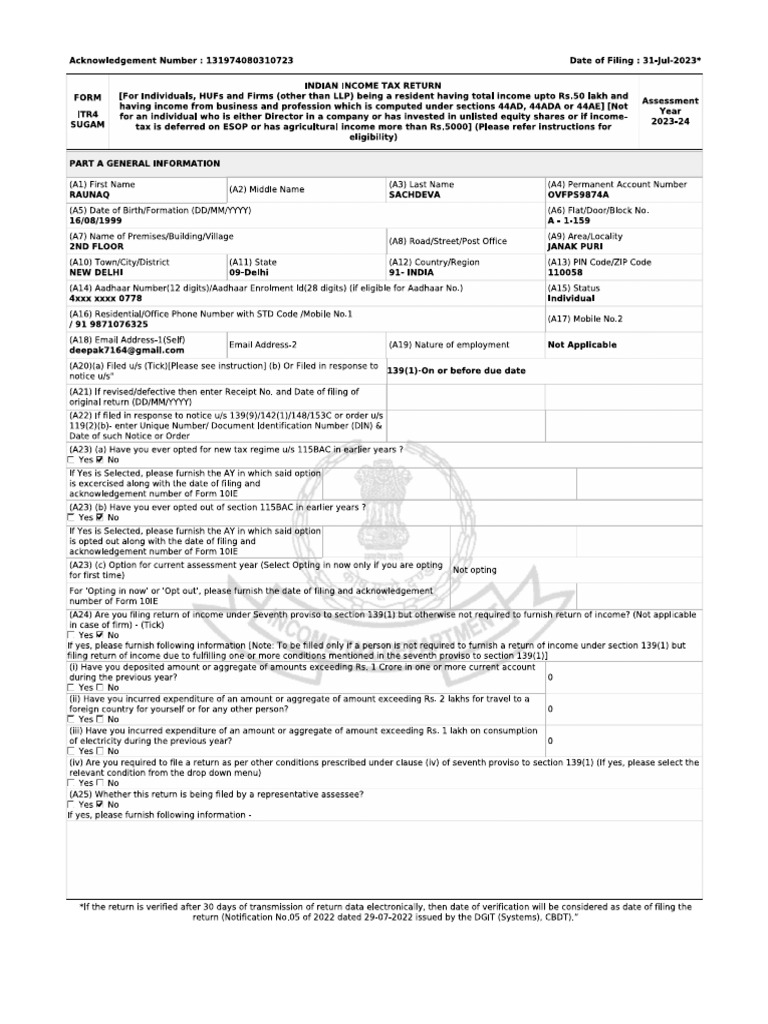 Raunaq Sachdeva Itr Form | PDF