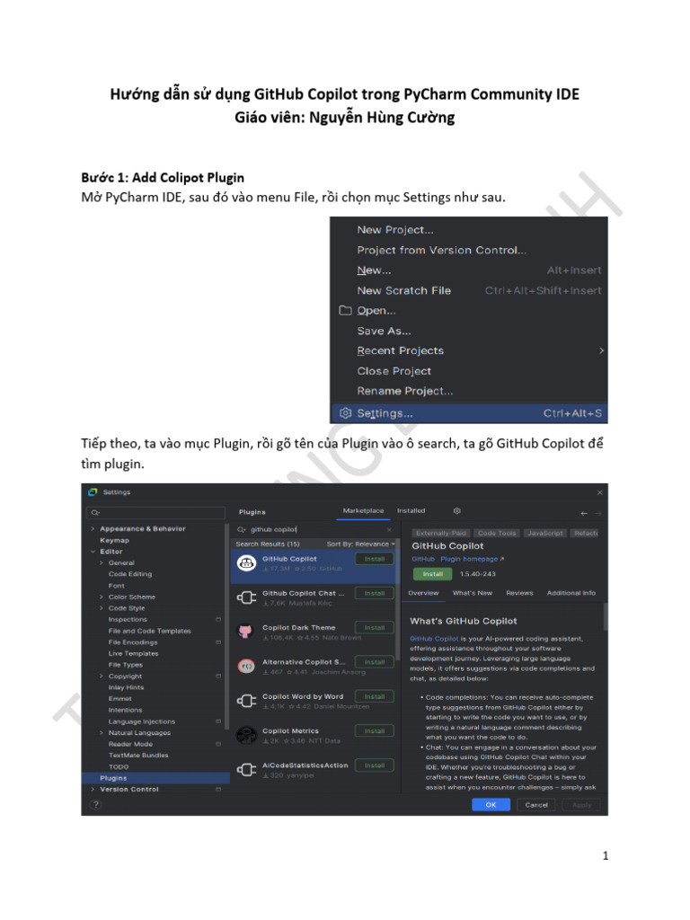 Huong Dan Su Dung GitHub Copilot Trong PyCharm Community IDE | PDF
