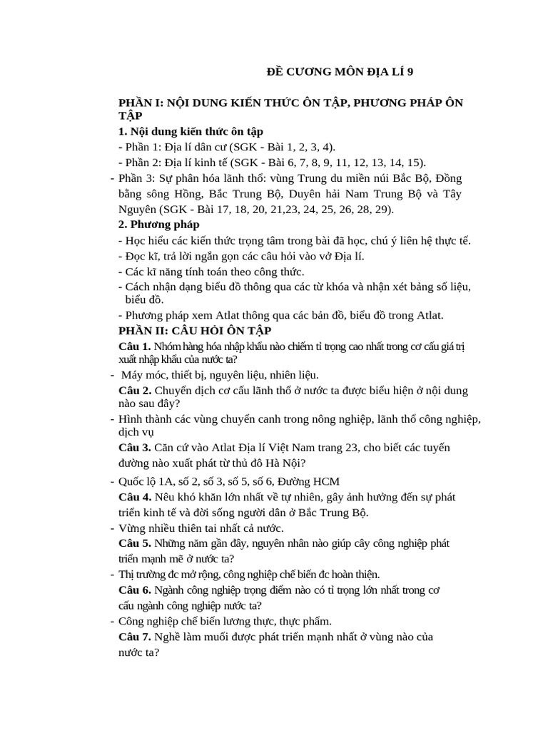 Đề Cương Môn Địa Lí 9 Ck1 | PDF