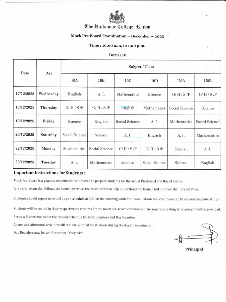 Mock Pre-Board Exam Schedule 2025 | PDF