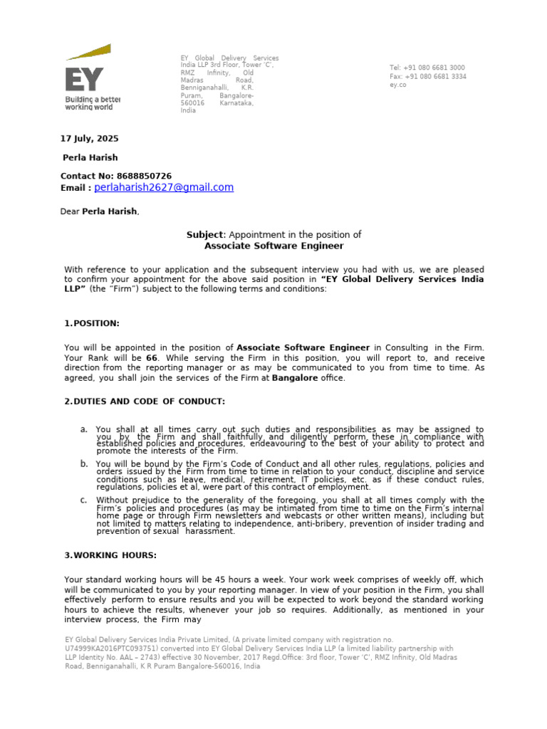 EY Offer Letter | PDF | Insurance | Employee Benefits