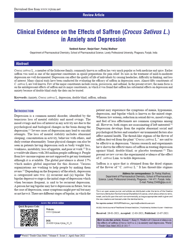Saffron's Impact on Depression and Anxiety PDF Major Depressive — free download