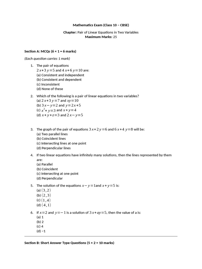 Class 10 CBSE Linear Equations Exam | PDF