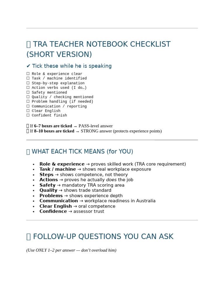 TRA Teacher Notebook Checklist Guide | PDF