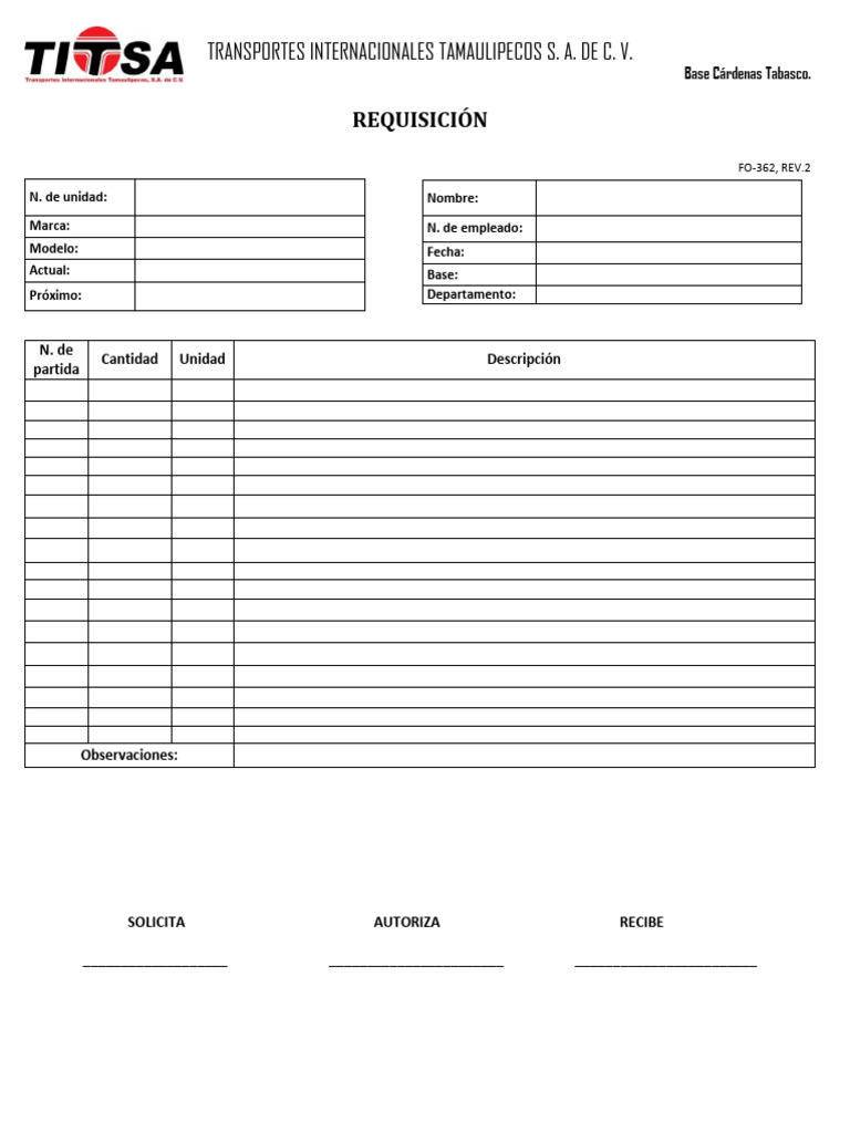 Requisición de Materiales Transporte Tamaulipas | PDF