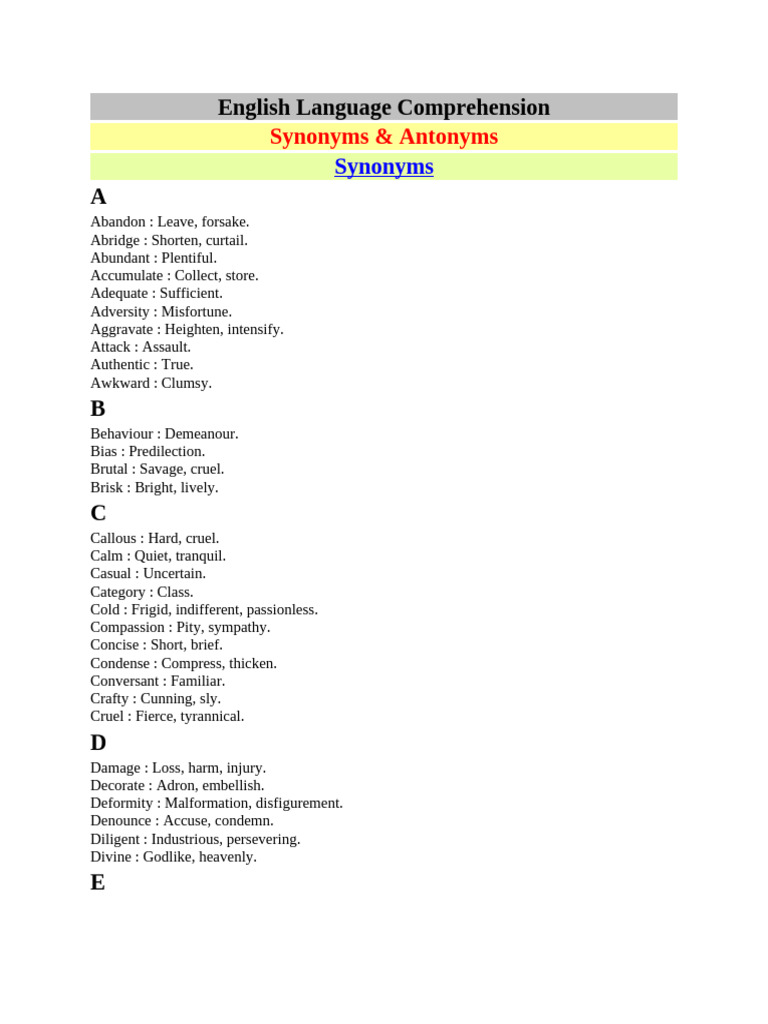 English Synonyms and Antonyms Guide | PDF