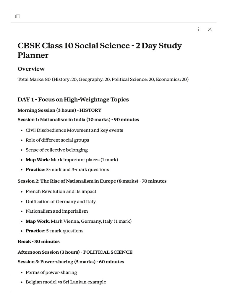 CBSE Class 10 SST 2-Day Study Planner | PDF