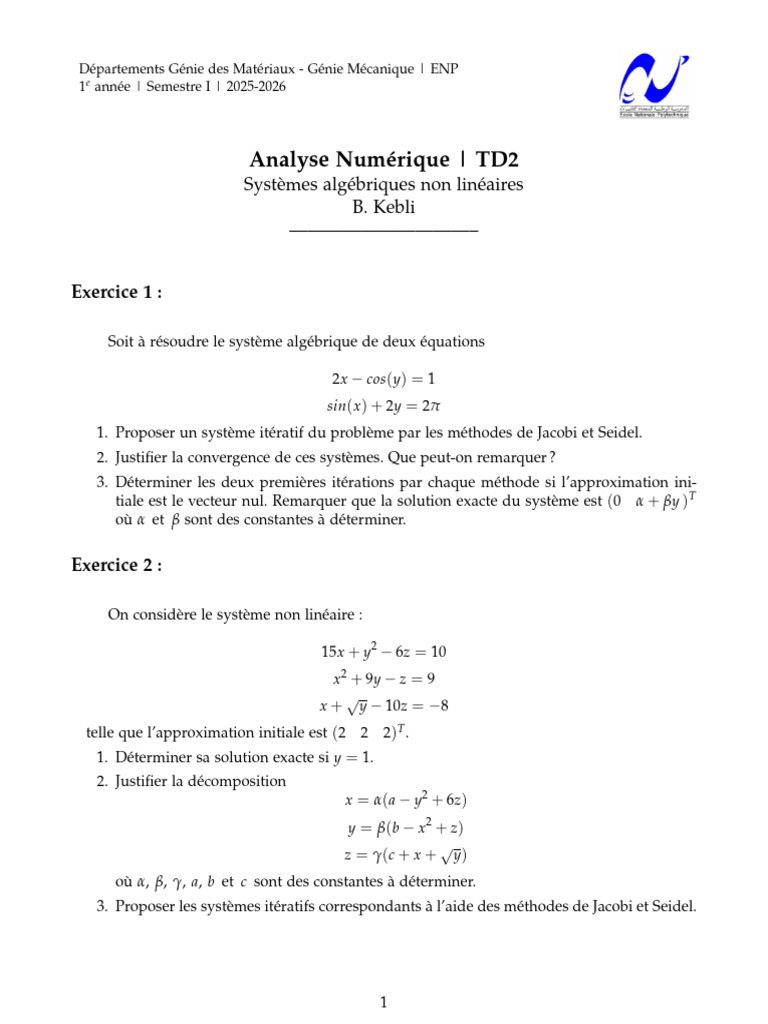 Systèmes algébriques non linéaires en TD2 | PDF | Analyse numérique ...