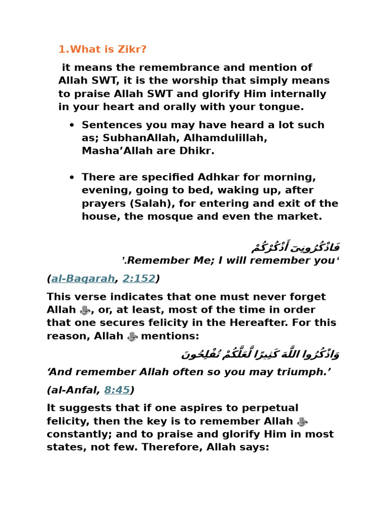 Understanding Zikr: Benefits & Practices | PDF | Quran | Islam
