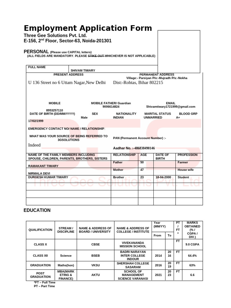 Employment Application Form 3GS_Candidate Name | PDF