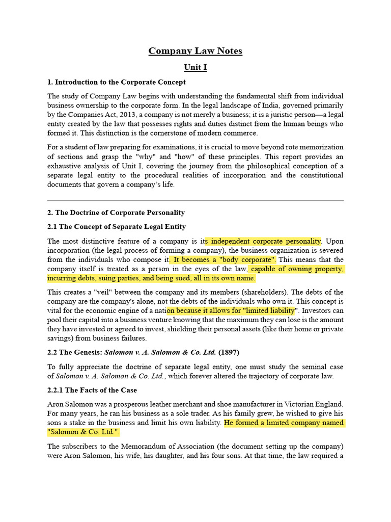 Company Law Notes | PDF | Corporate Law | Business Law