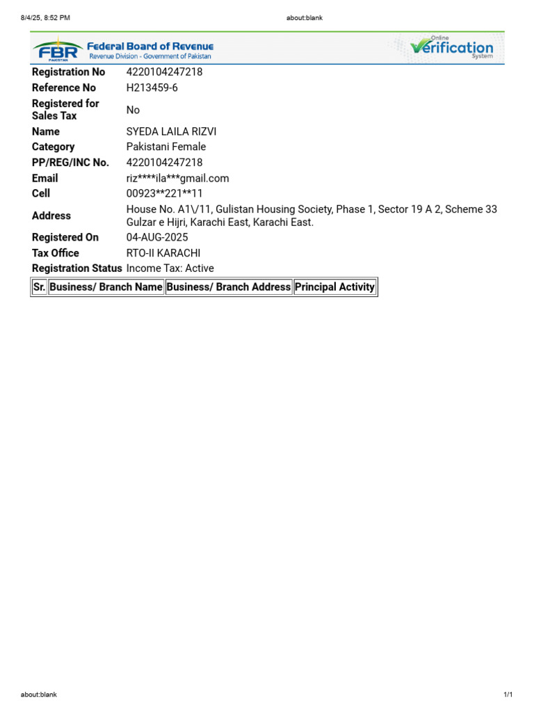 Sales Tax Registration Details for Syeda Laila Rizvi | PDF