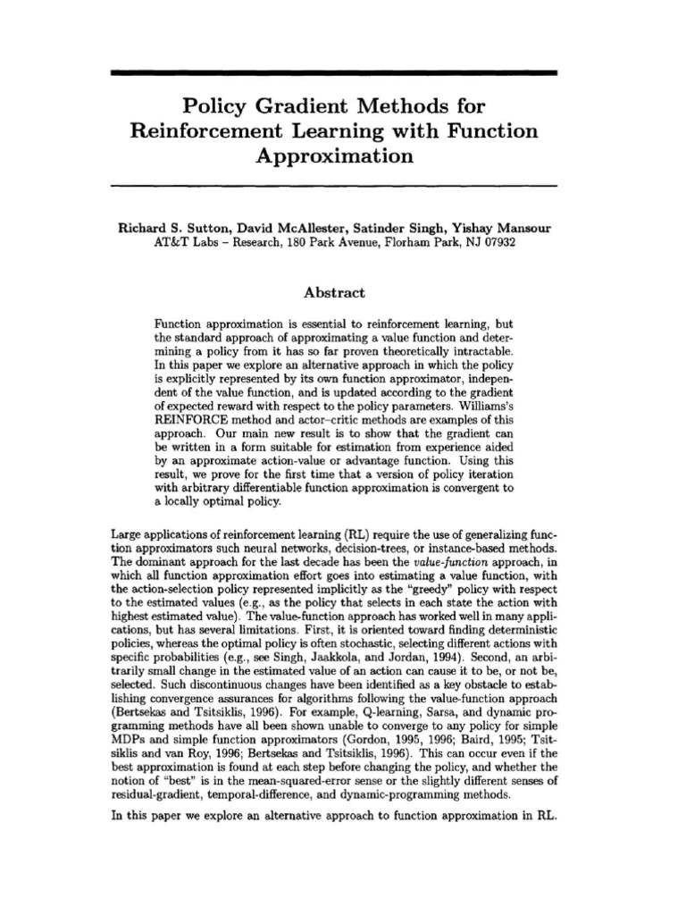 NIPS 1999 Policy Gradient Methods For Reinforcement Learning With ...
