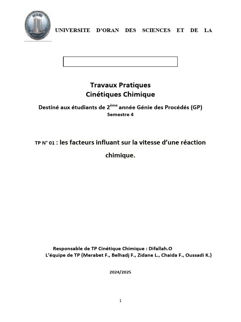 Facteurs influençant la vitesse des réactions chimiques | PDF ...