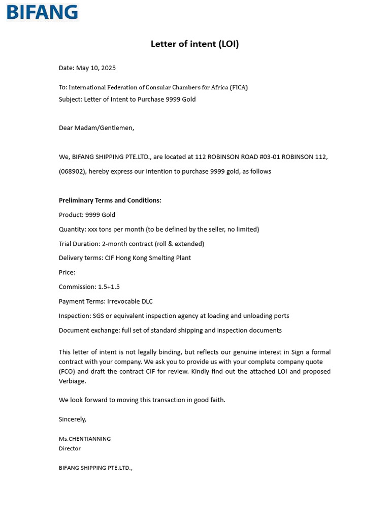 Intent to Purchase 9999 Gold LOI | PDF