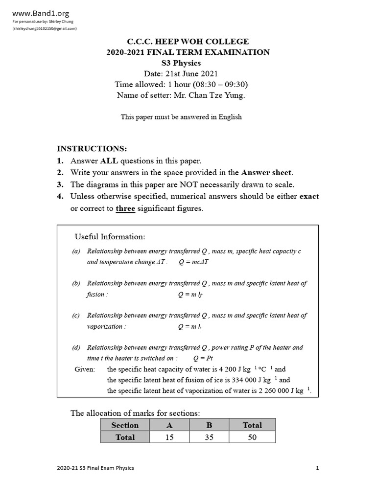 2020-21 S3 Physics Final Exam Paper | PDF | Heat | Latent Heat