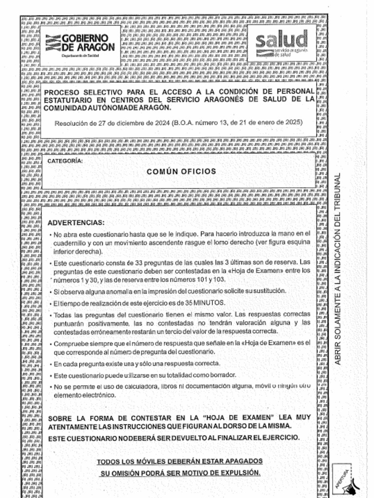 Cuadernillo Examen Comun Concurso Oposición SALUD Aragón Fontanero | PDF