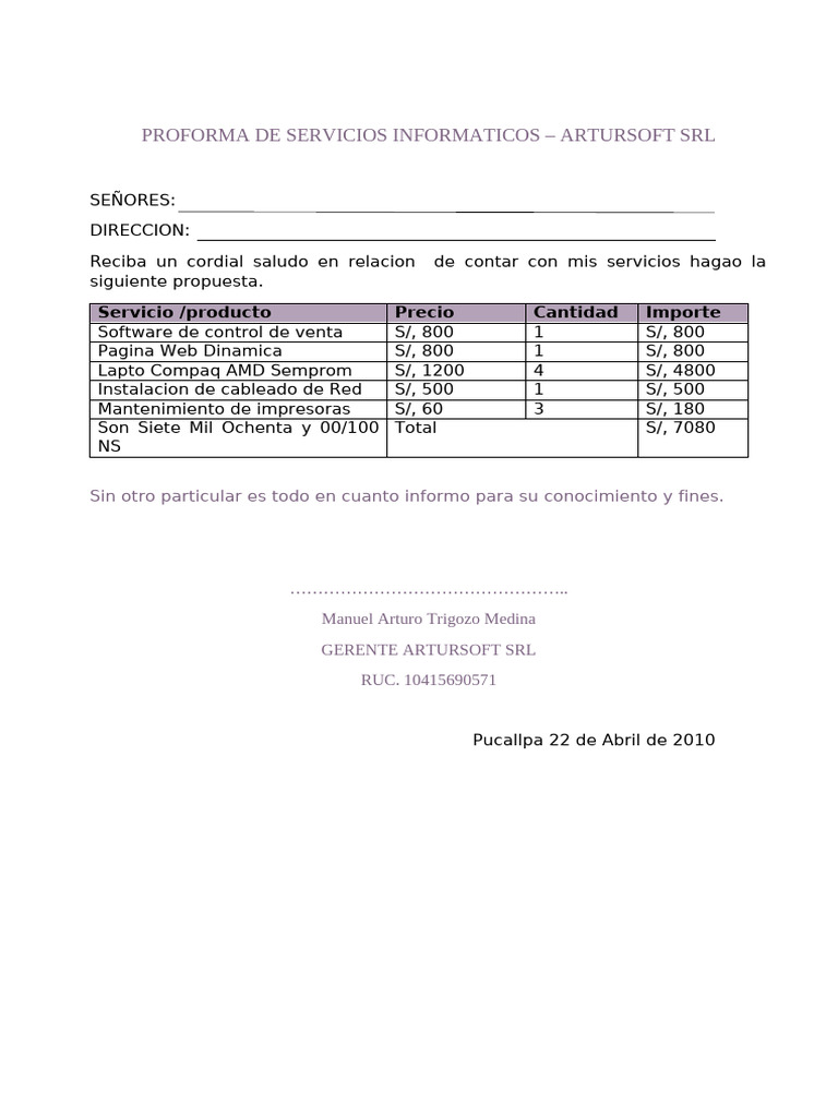 Proforma Servicios Informáticos Artursoft | PDF | Hardware de la ...