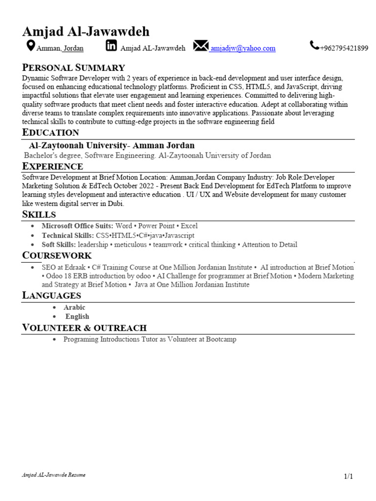 Amjad Al-Jawawdeh Software Developer Resume | PDF